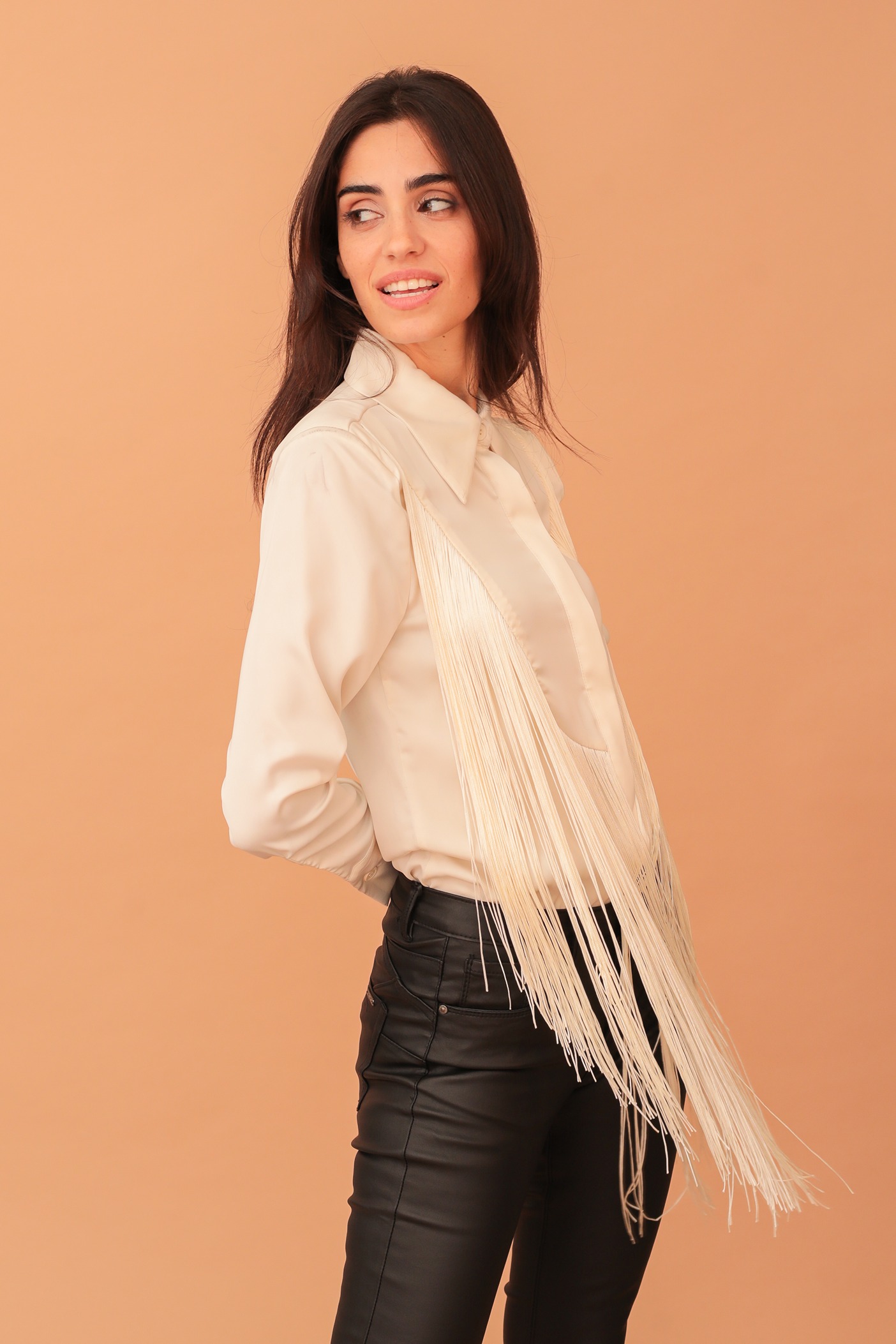 REBECCA FRINGED SATIN SHIRT - CREAM - Image 2