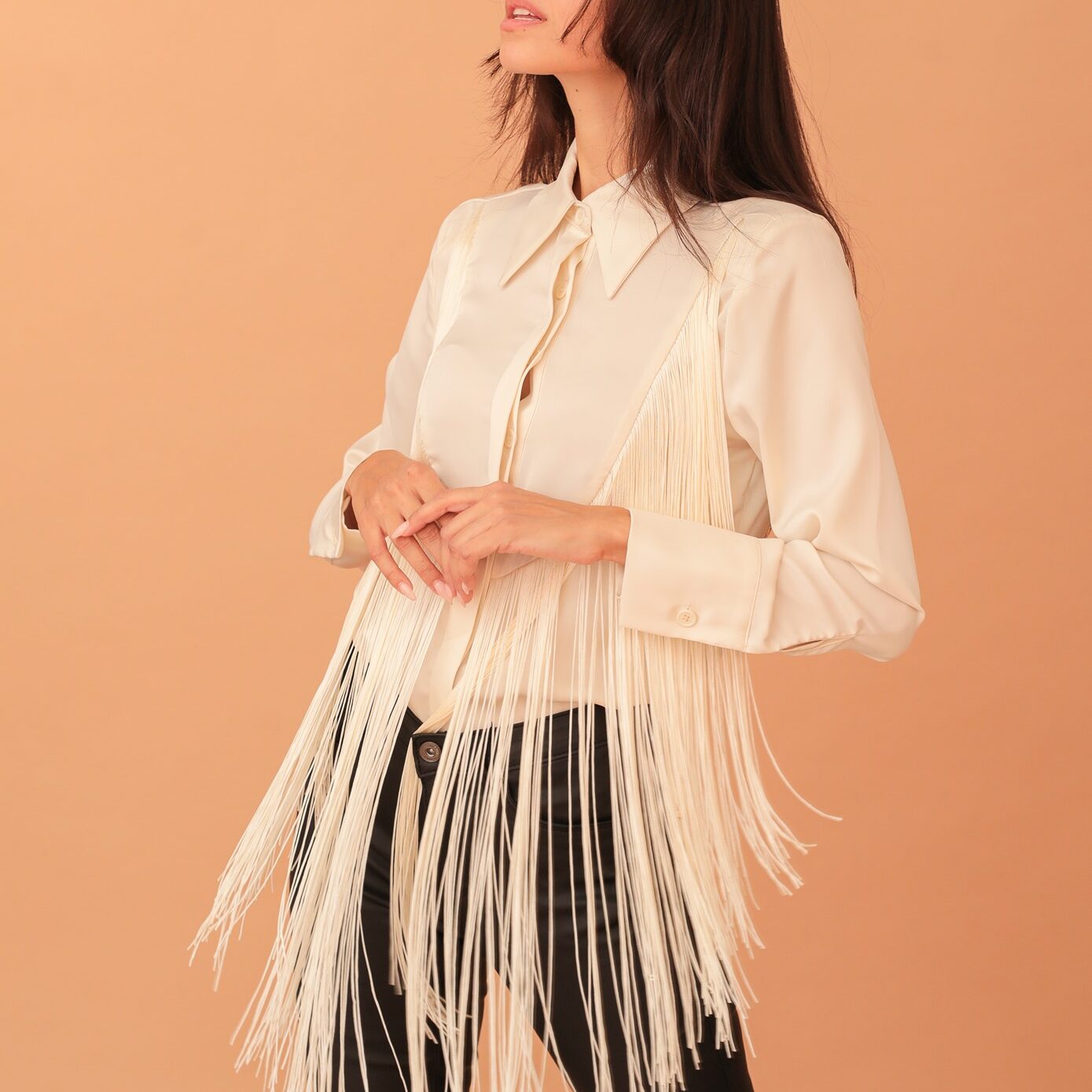 REBECCA FRINGED SATIN SHIRT - CREAM