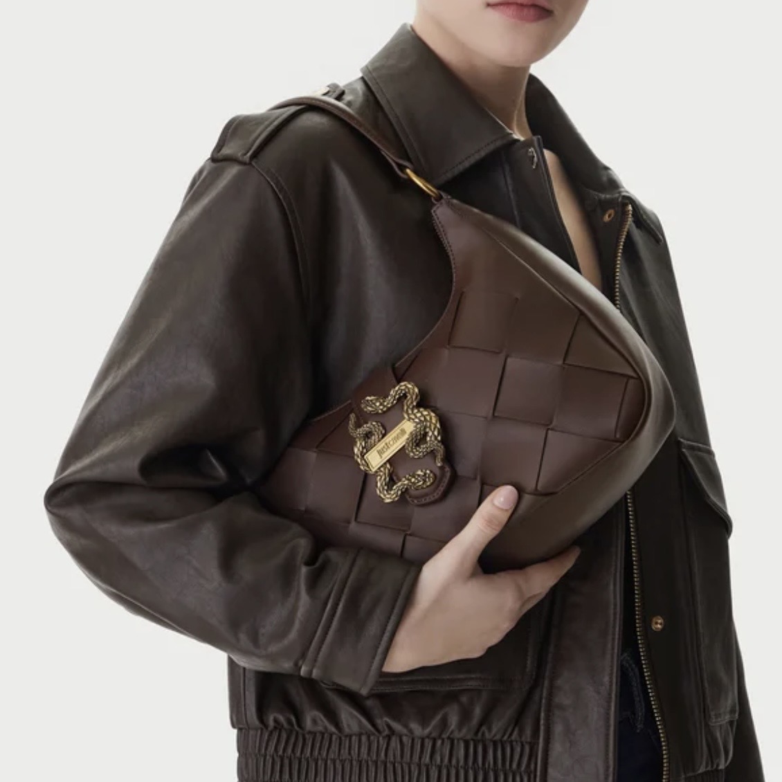 JUST CAVALLI MOON SHAPE WOVEN BAG - BROWN - Image 2
