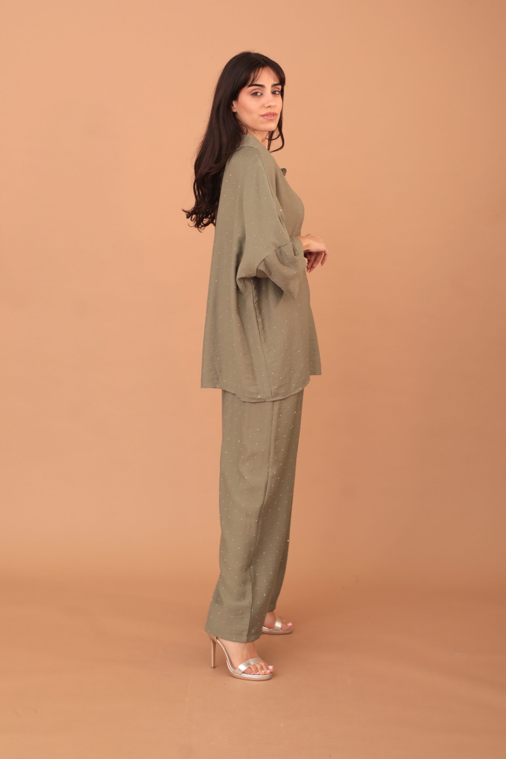 ROSALINDA CRYSTAL EMBELLISHED VISCOSE SET - KHAKI - Image 3