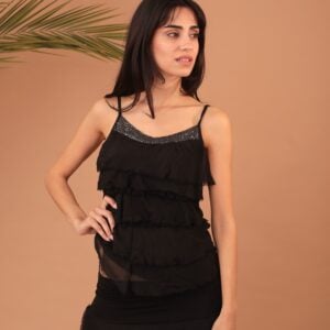 FRILLED SILK TOP - BLACK