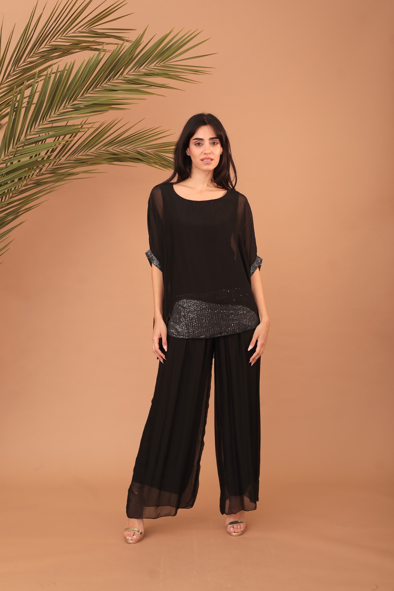 SILK WIDE TROUSERS - BLACK - Image 4