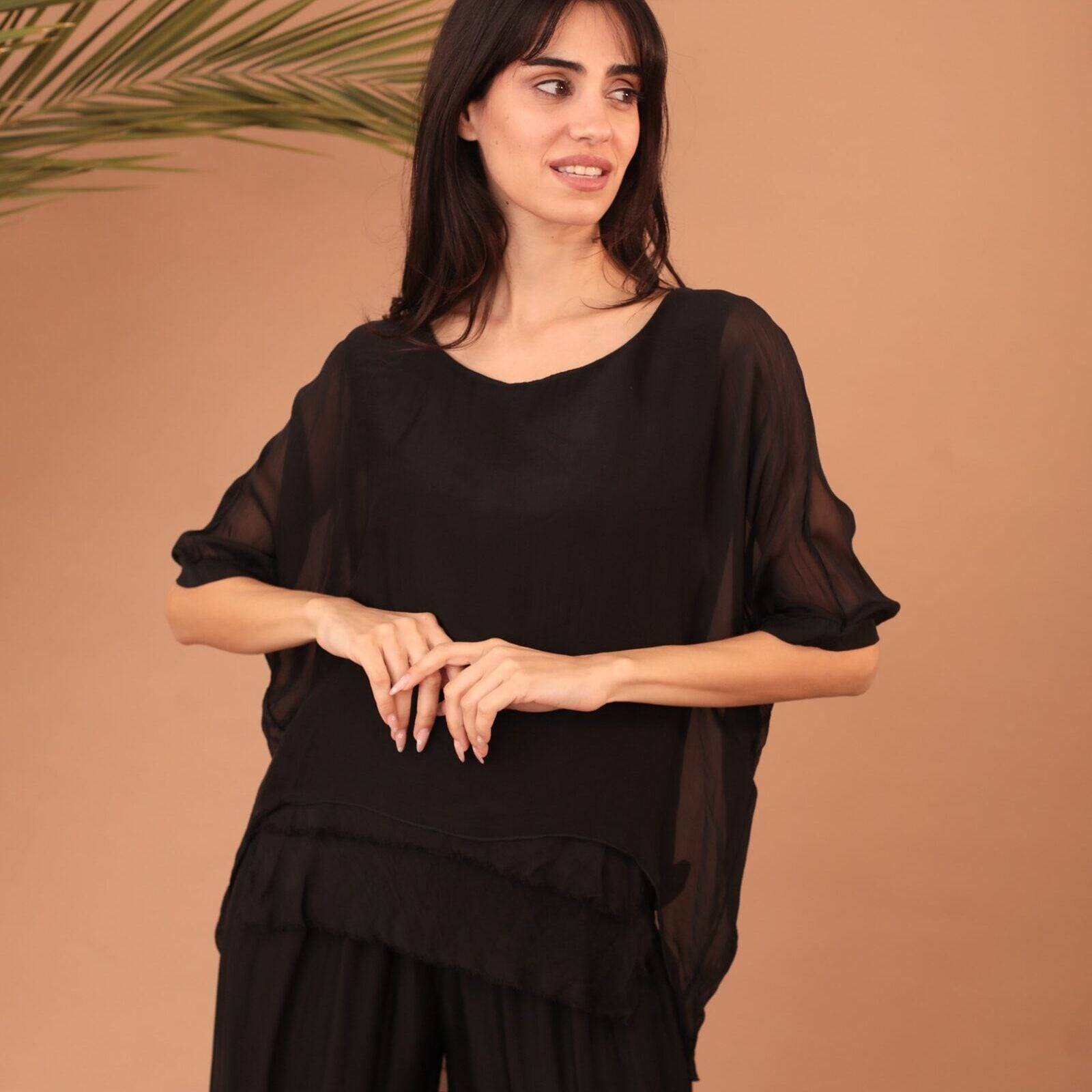 FRILLED SILK BLOUSE - BLACK