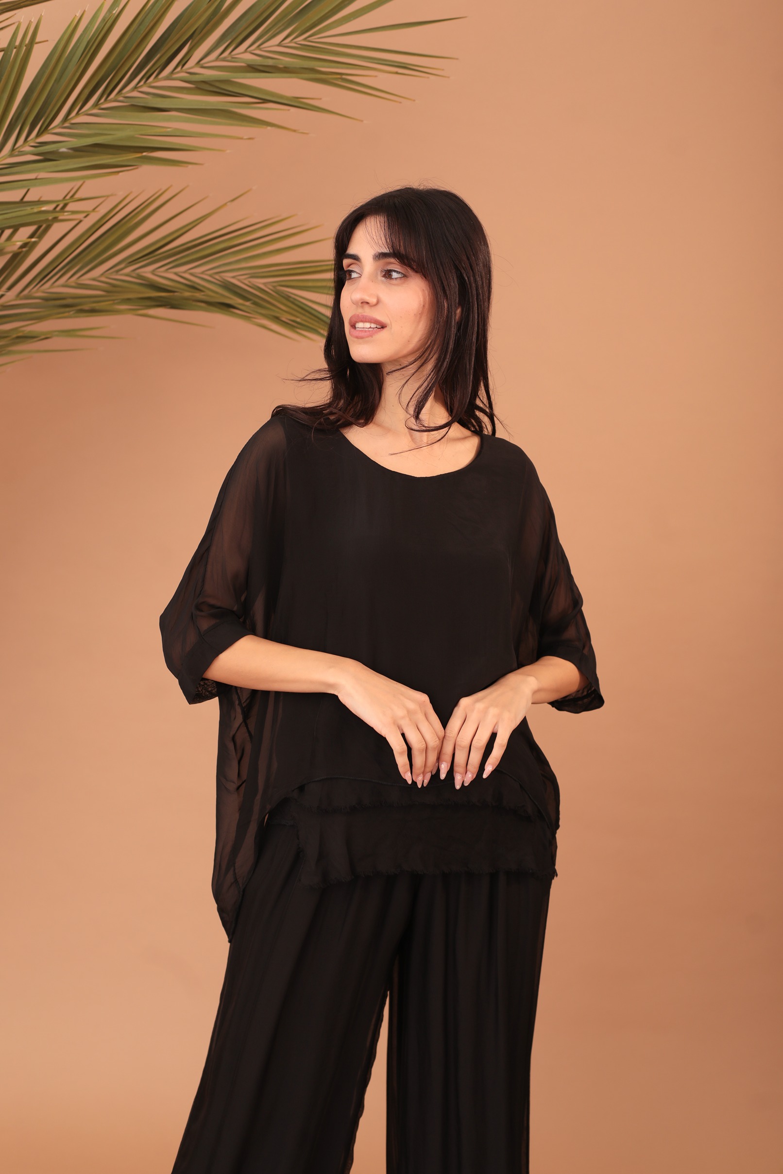 FRILLED SILK BLOUSE - BLACK - Image 4
