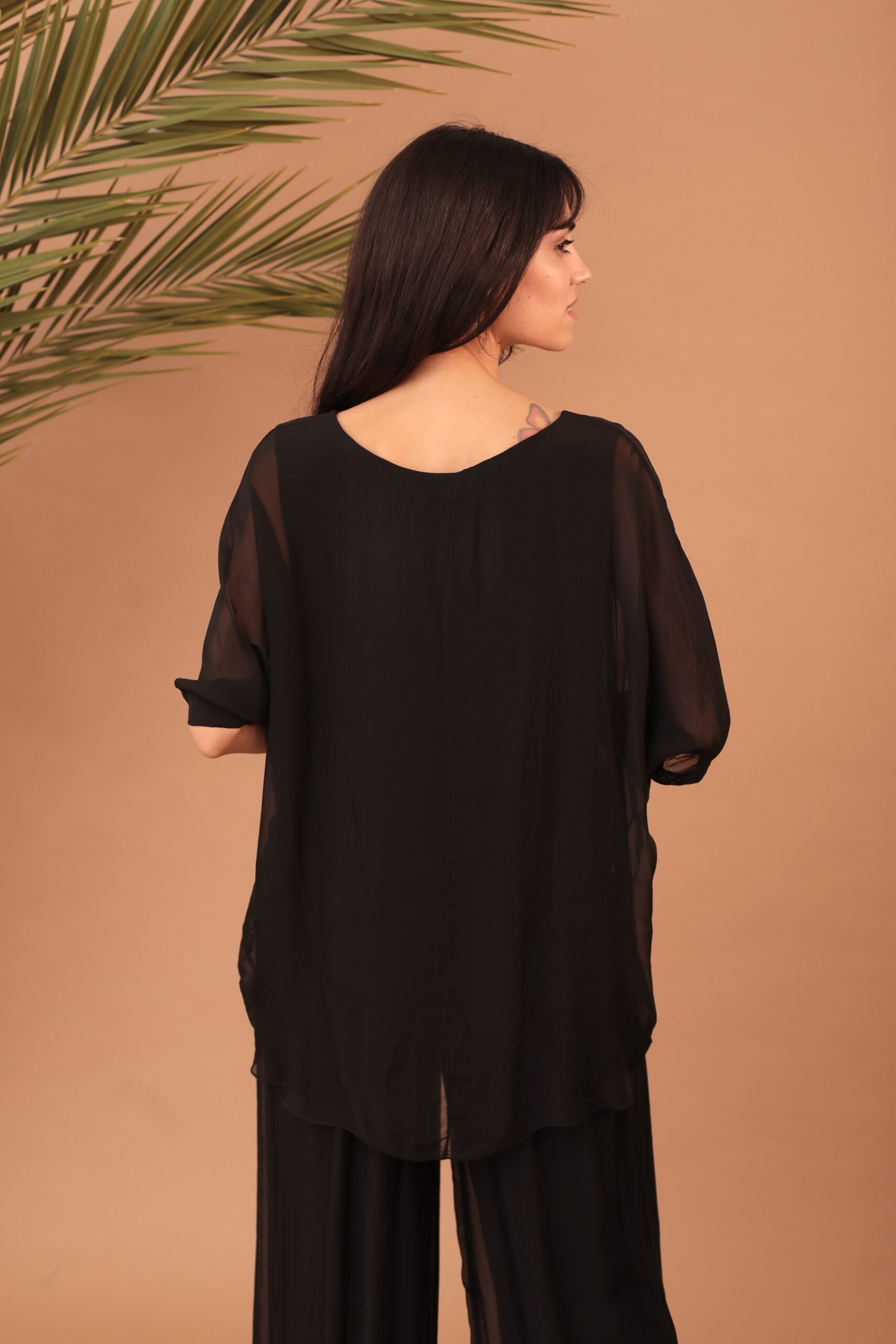 FRILLED SILK BLOUSE - BLACK - Image 3