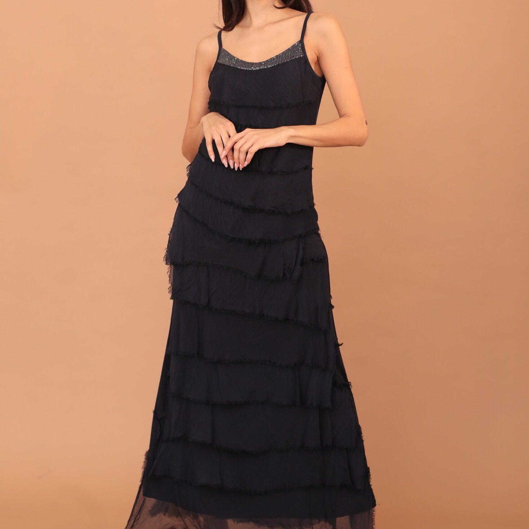 FRILLED SILK SKIRT - NAVY BLUE