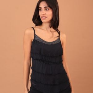 FRILLED SILK TOP - NAVY BLUE