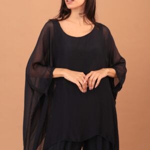 SILK WINGED BLOUSE - NAVY