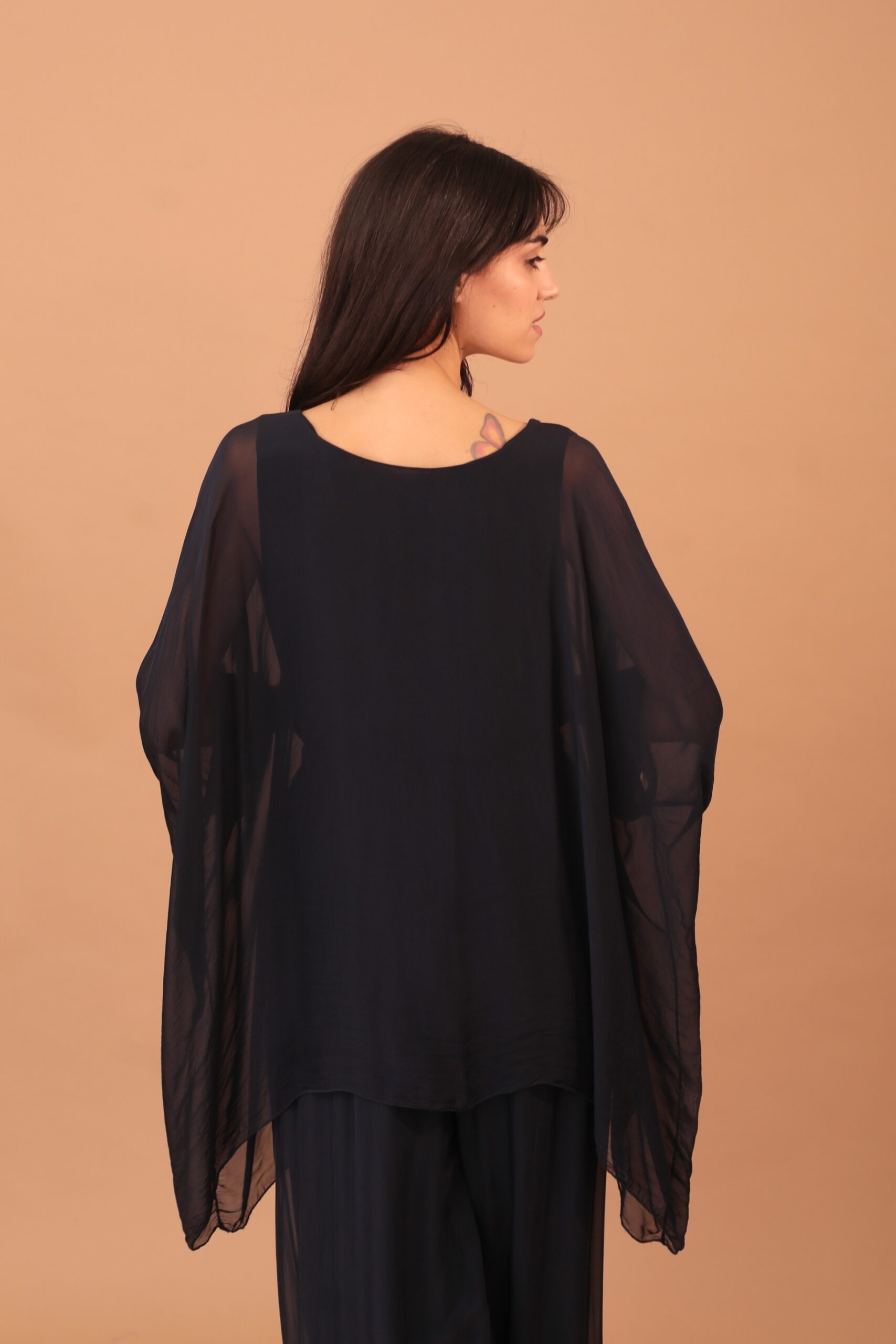 SILK WINGED BLOUSE - NAVY - Image 2