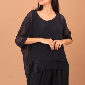 FRILLED SILK BLOUSE - NAVY
