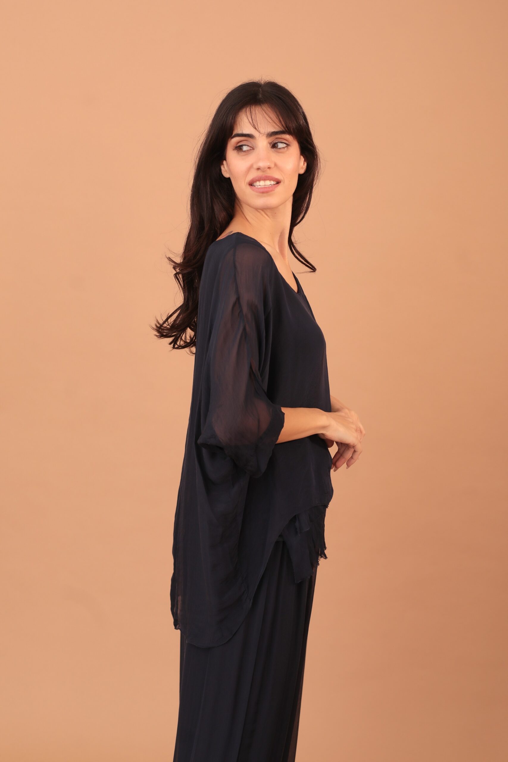 FRILLED SILK BLOUSE - NAVY - Image 3