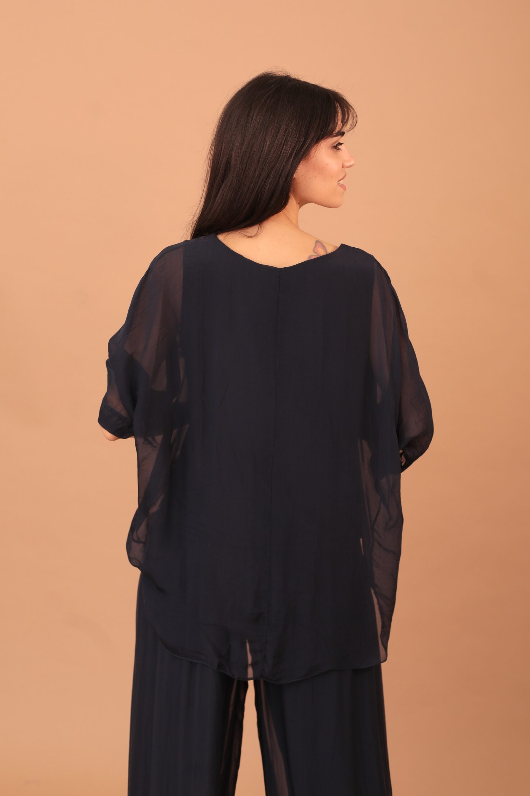 FRILLED SILK BLOUSE - NAVY - Image 2