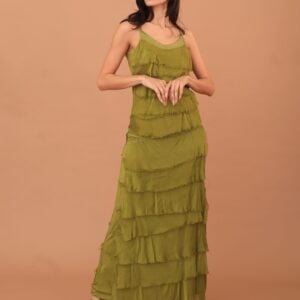 FRILLED SILK SKIRT - OLIVE GREEN