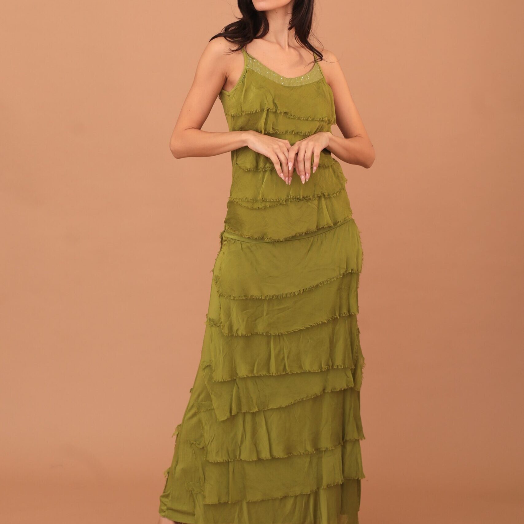 FRILLED SILK SKIRT - OLIVE GREEN