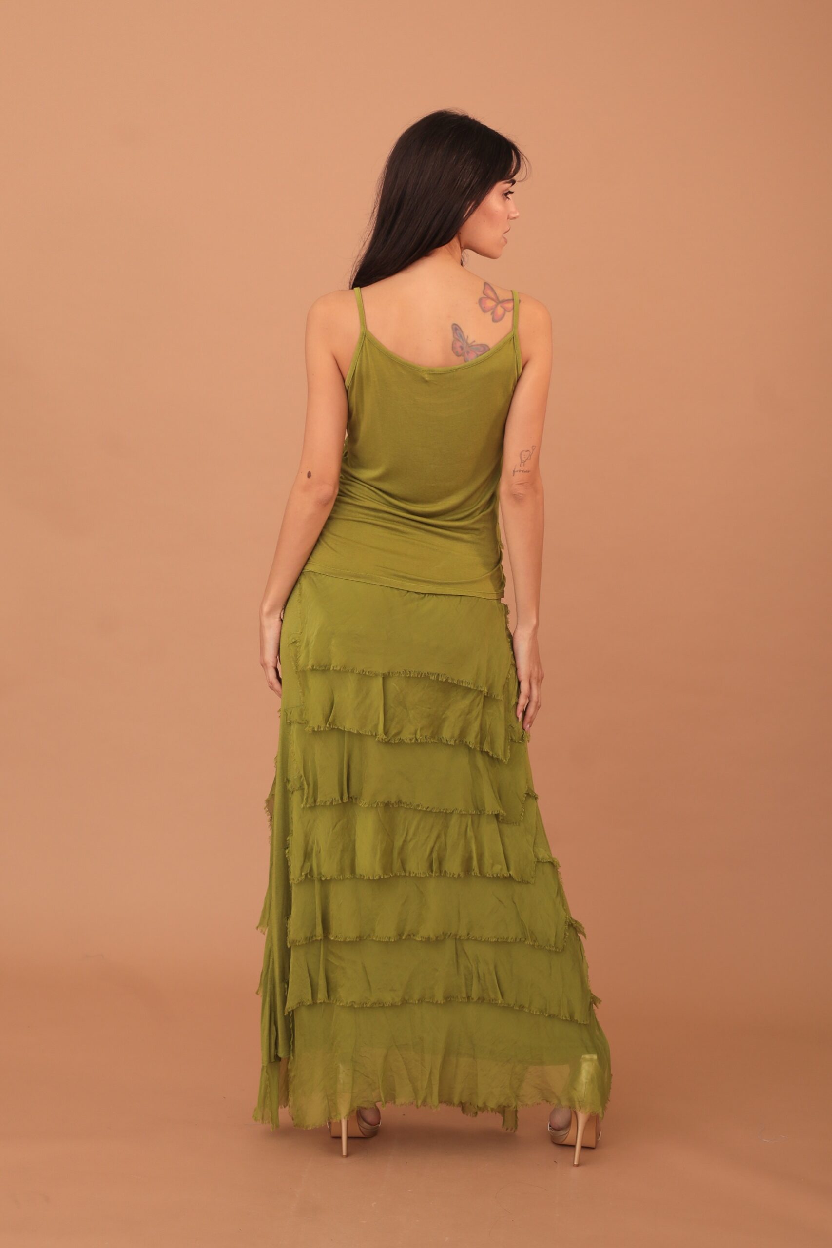 FRILLED SILK SKIRT - OLIVE GREEN - Image 5