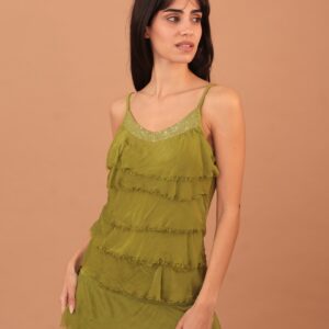 FRILLED SILK TOP - OLIVE GREEN
