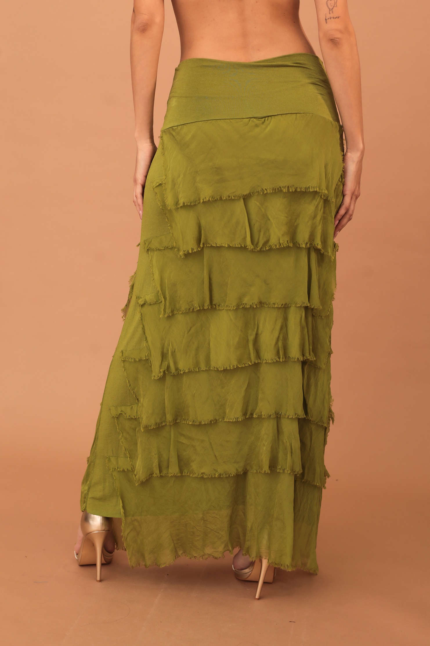 FRILLED SILK SKIRT - OLIVE GREEN - Image 4