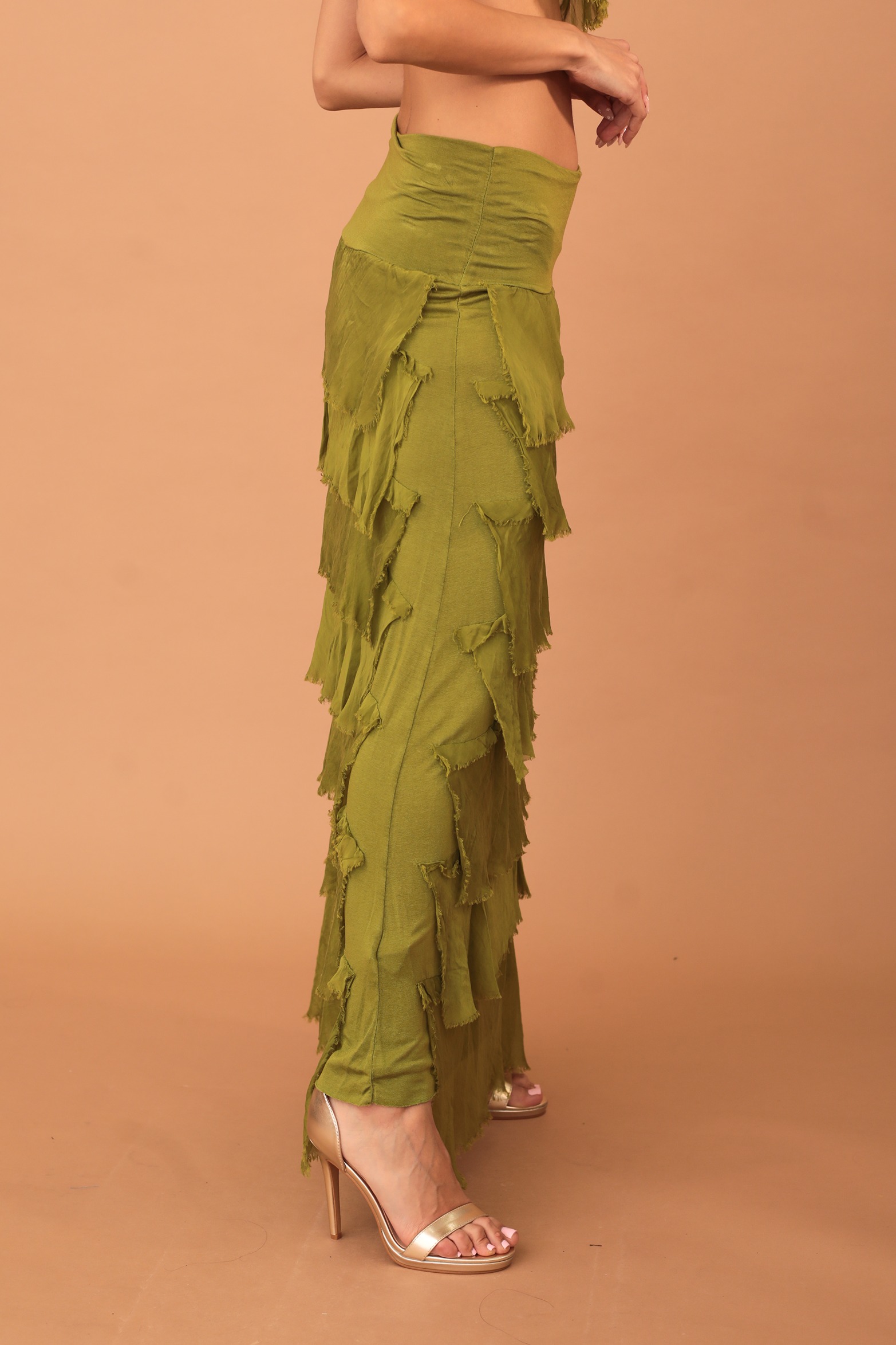 FRILLED SILK SKIRT - OLIVE GREEN - Image 3