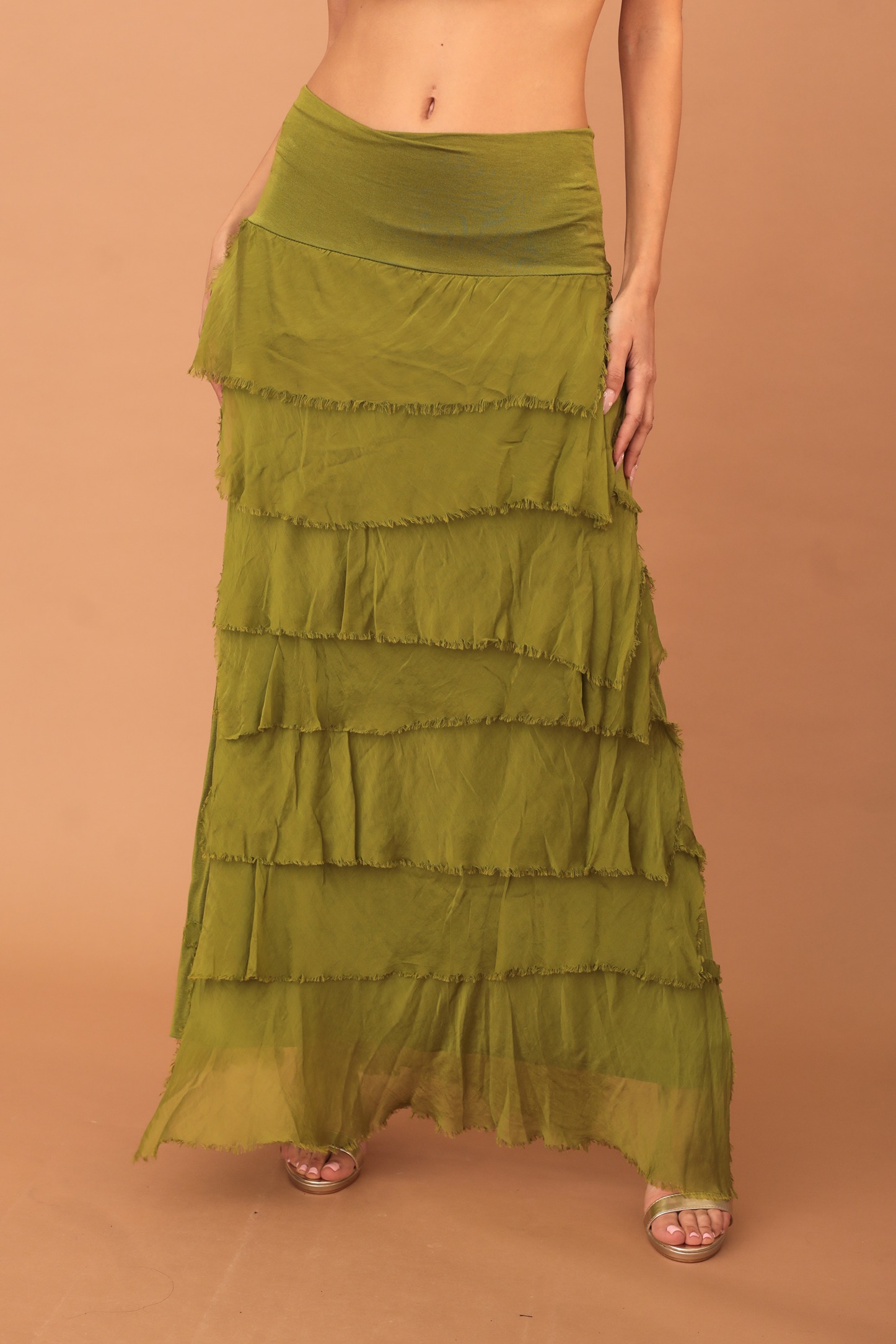 FRILLED SILK SKIRT - OLIVE GREEN - Image 2