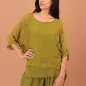 FRILLED SILK BLOUSE - OLIVE GREEN