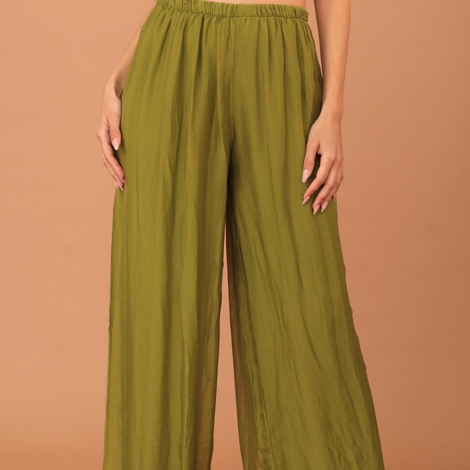 SILK WIDE TROUSERS - OLIVE GREEN