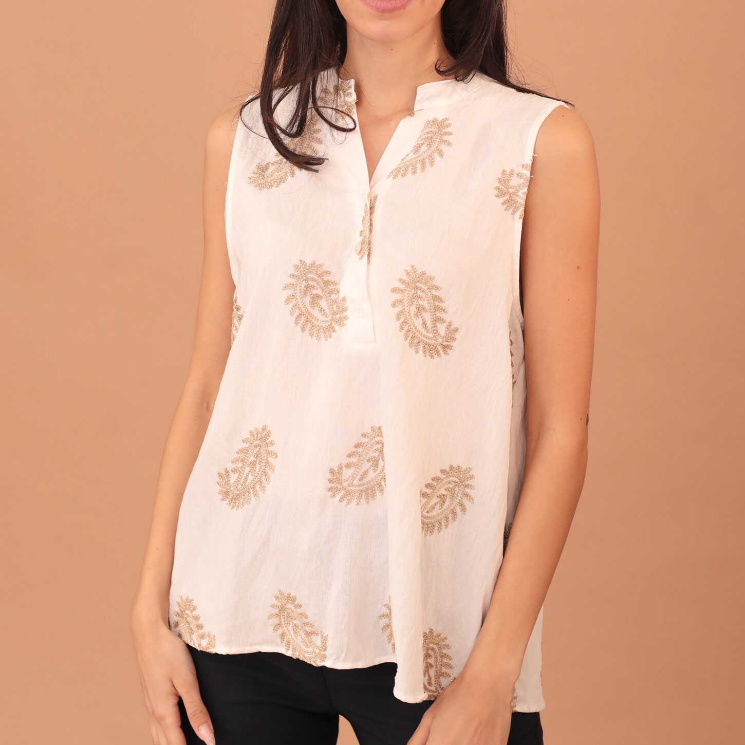 KAIA SLEEVELESS GOLD WEAVE BLOUSE