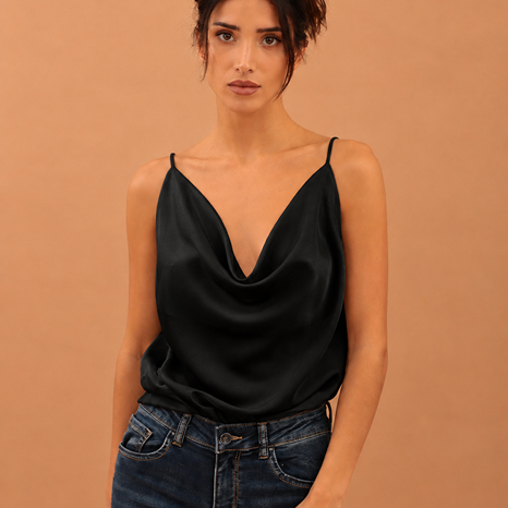 DRAPED SATIN BLOUSE - BLACK