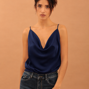 DRAPED SATIN BLOUSE - NAVY BLUE