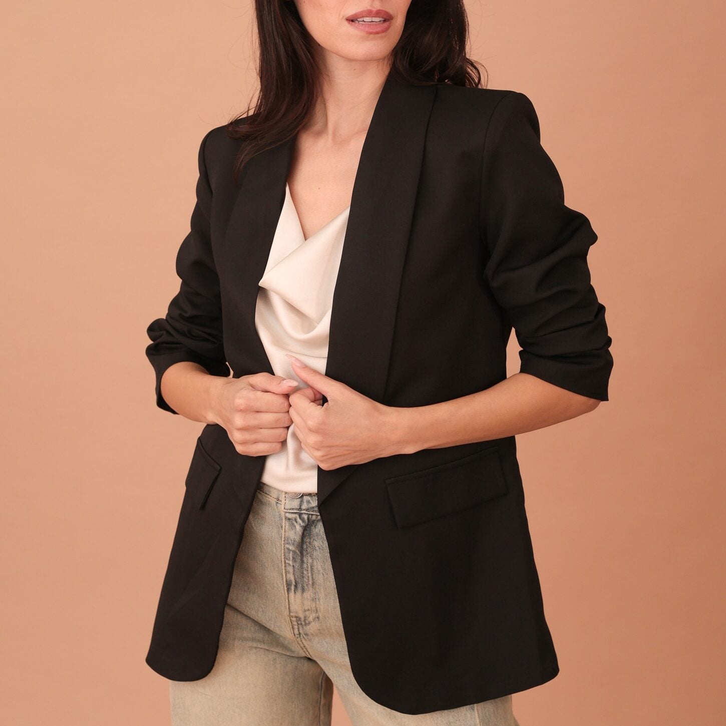 BETTY RUFFLE SLEEVED BLAZER - BLACK