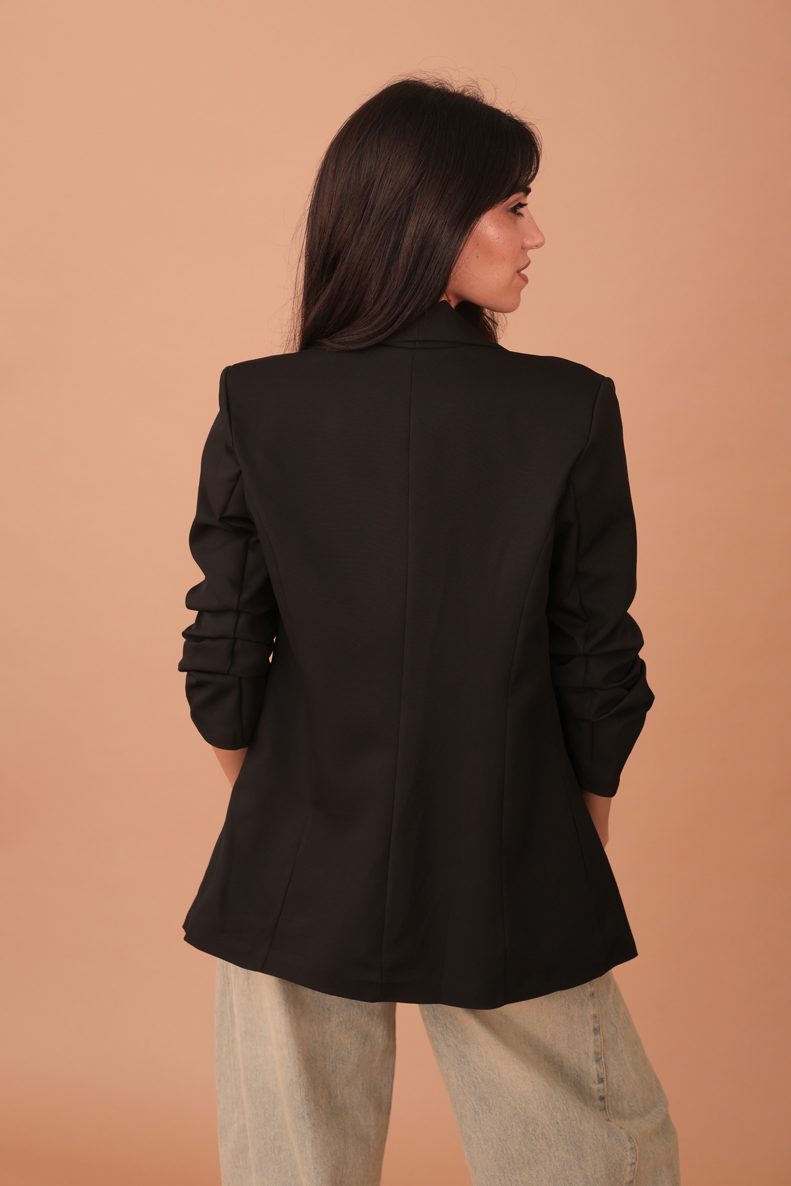 BETTY RUFFLE SLEEVED BLAZER - BLACK - Image 2