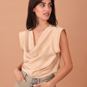 DRAPED SHORT SLEEVED BLOUSE - BEIGE
