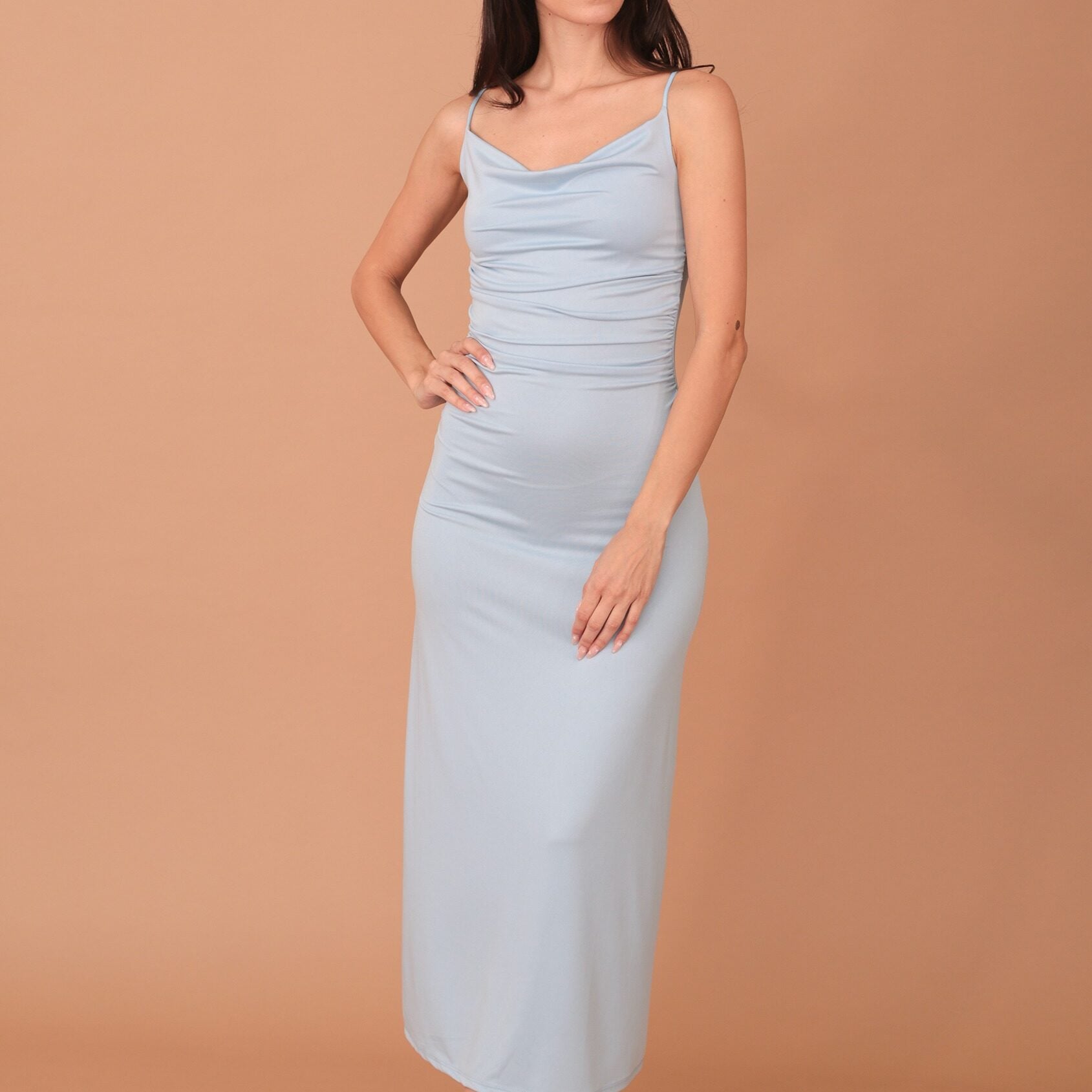 ALICIA DRAPED STRAPPED LONG DRESS - SKY BLUE