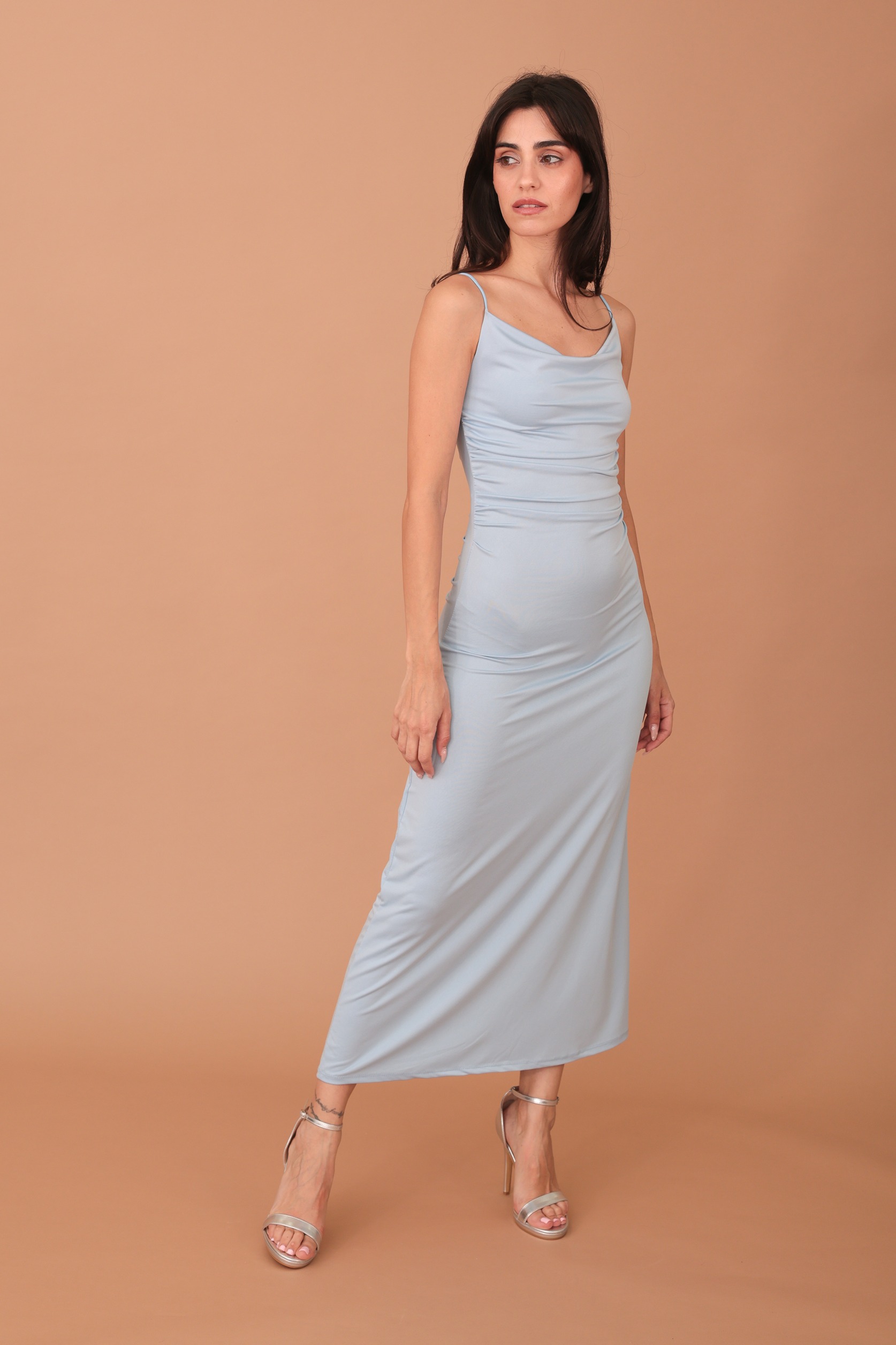 ALICIA DRAPED STRAPPED LONG DRESS - SKY BLUE - Image 4