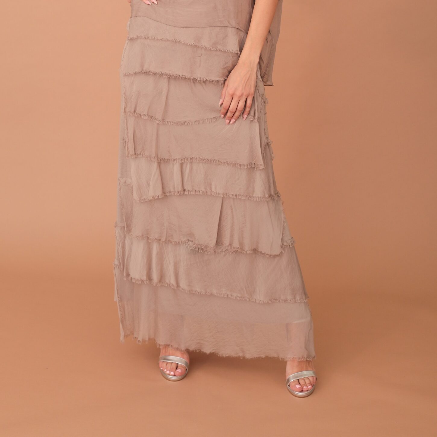 FRILLED SILK SKIRT - CIGARETTE BROWN