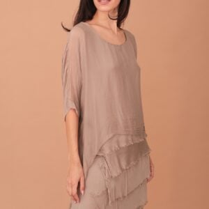 FRILLED SILK BLOUSE - CIGARETTE BROWN