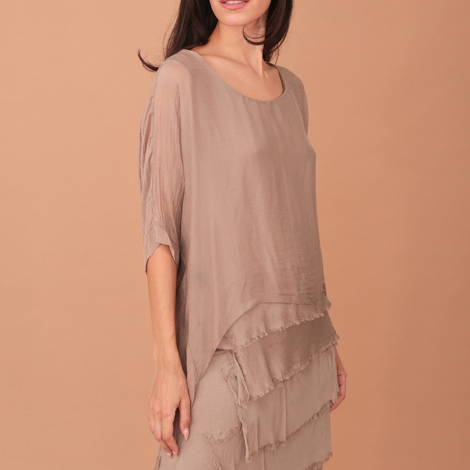 FRILLED SILK BLOUSE - CIGARETTE BROWN