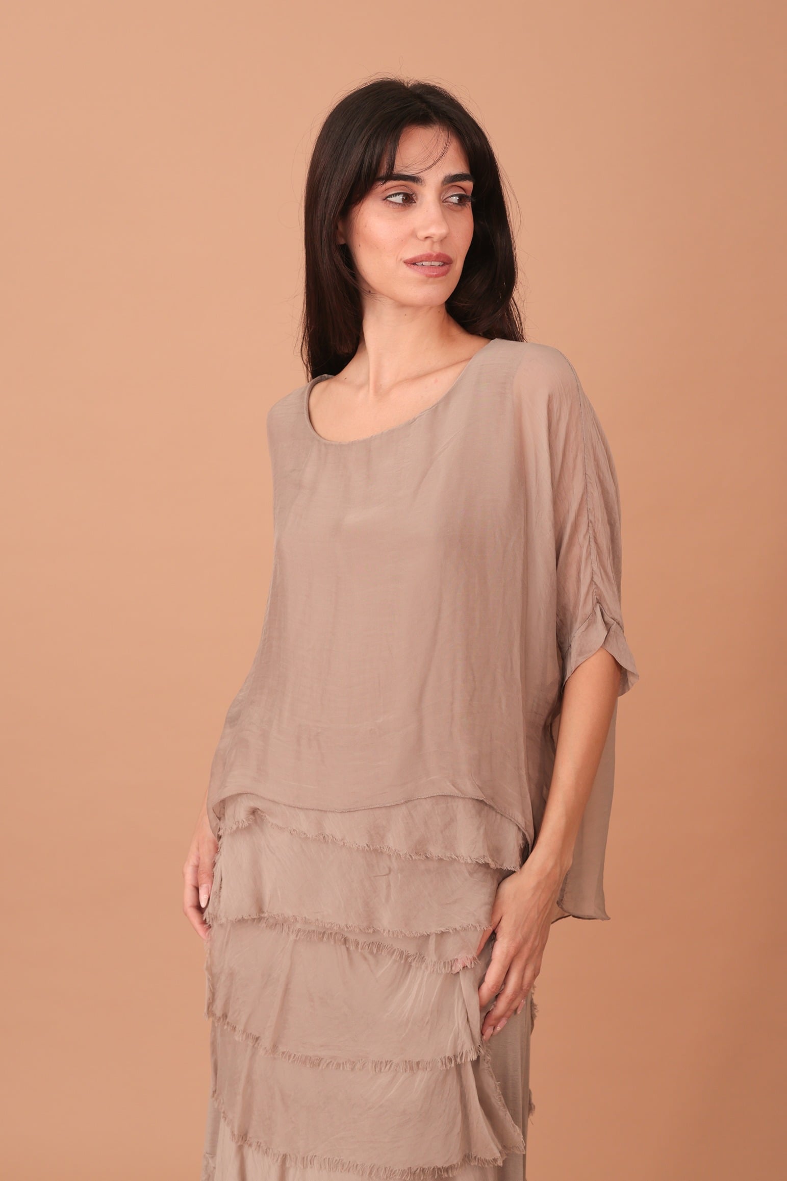 FRILLED SILK BLOUSE - CIGARETTE BROWN - Image 3