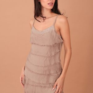 FRILLED SILK TOP - CIGARETTE BROWN