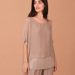SILK SEQUINNED BLOUSE - CIGARETTE BROWN