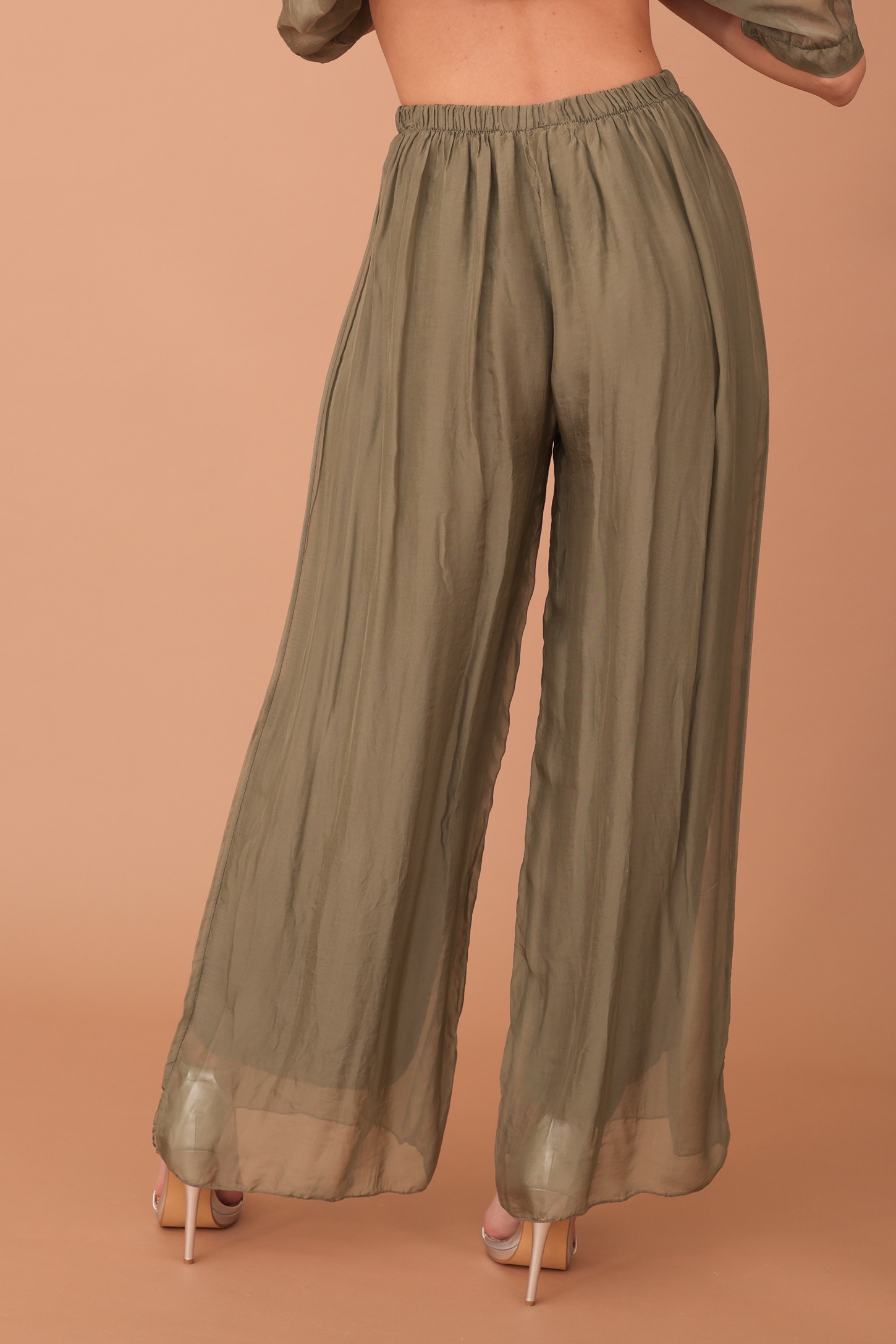 SILK WIDE TROUSERS - KHAKI - Image 2