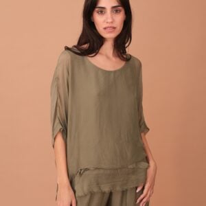 FRILLED SILK BLOUSE - KHAKI