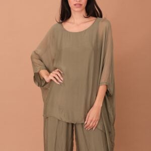 SILK WINGED BLOUSE - KHAKI
