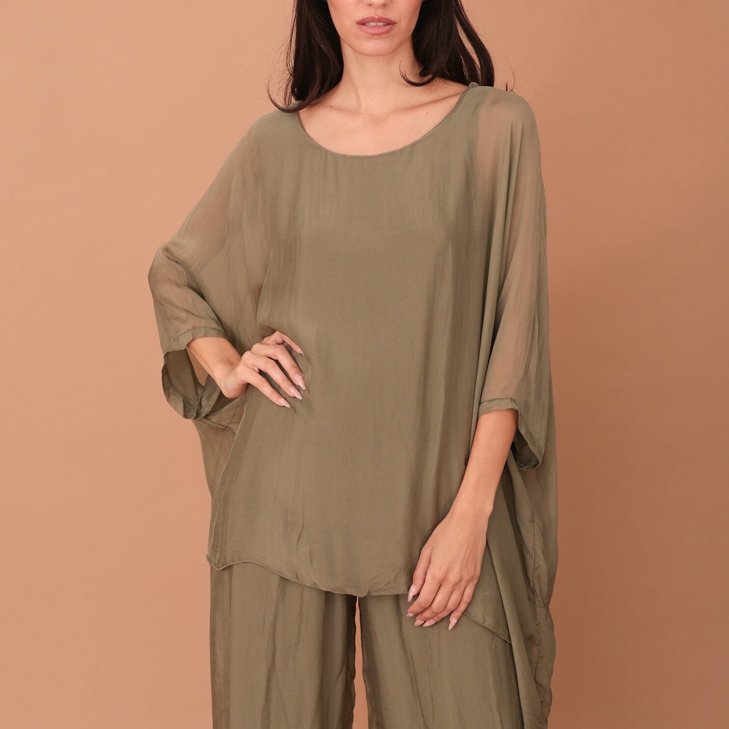 SILK WINGED BLOUSE - KHAKI