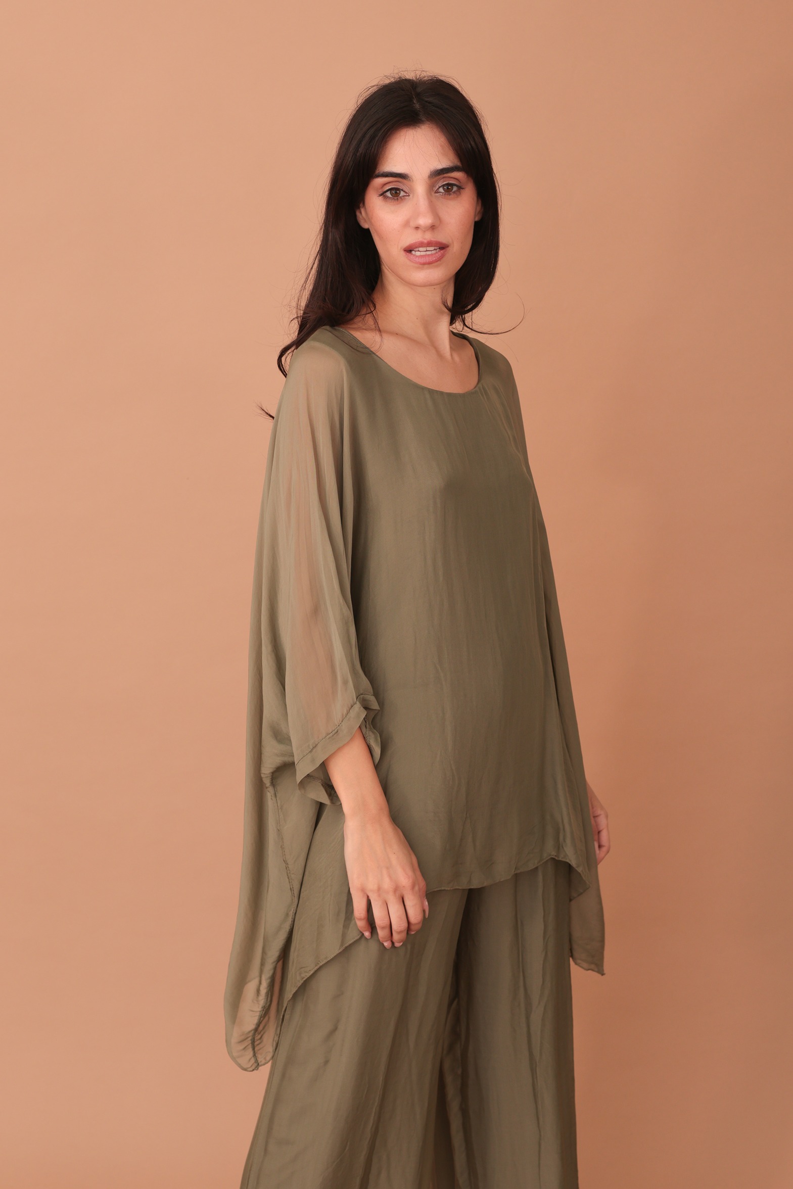 SILK WINGED BLOUSE - KHAKI - Image 3