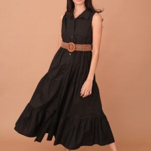 TINDRA POPLIN DRESS WITH BELT - BLACK