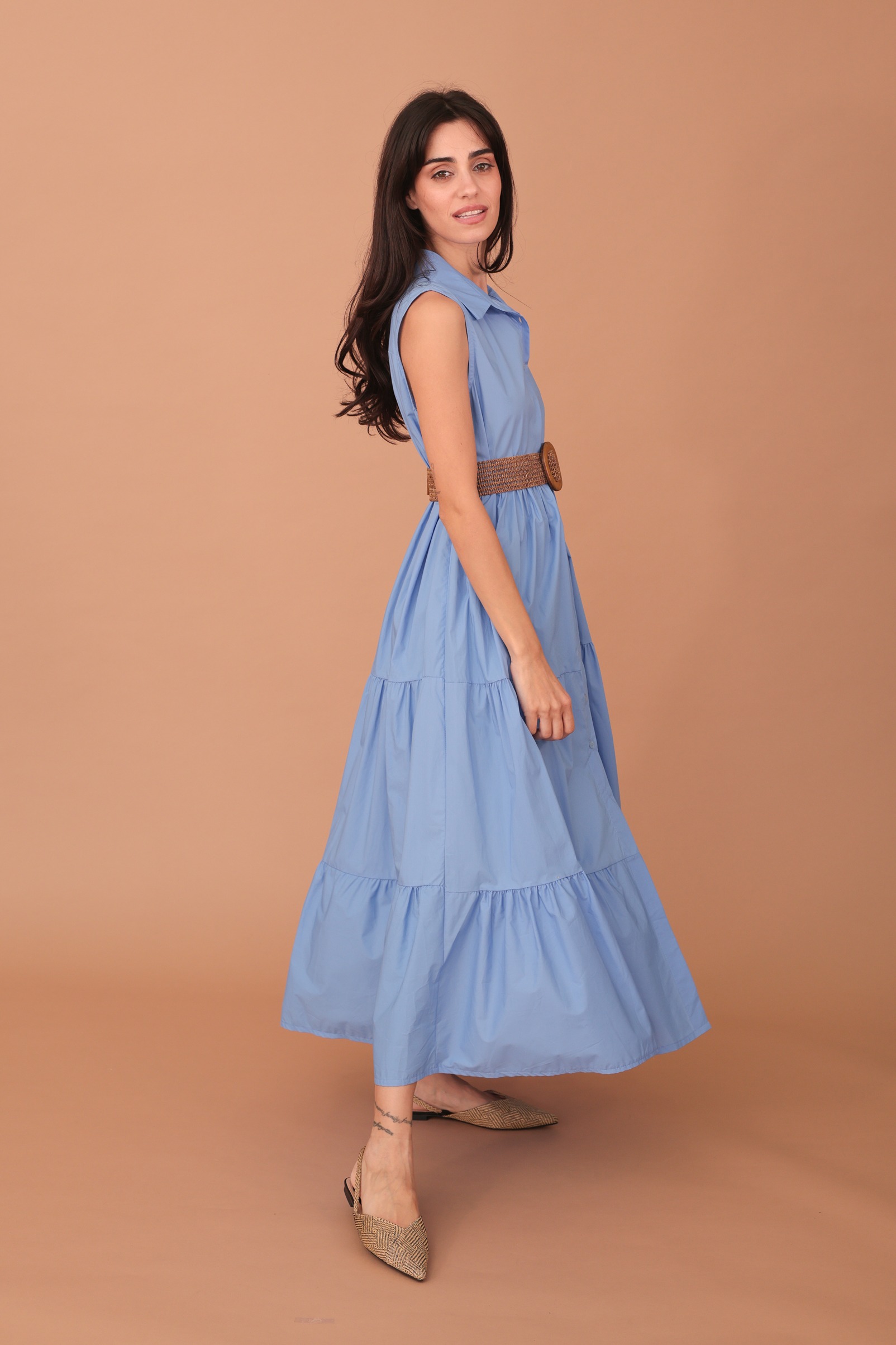 TINDRA POPLIN DRESS WITH BELT - SKY BLUE - Image 3