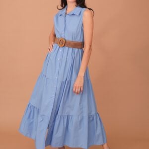 TINDRA POPLIN DRESS WITH BELT - SKY BLUE