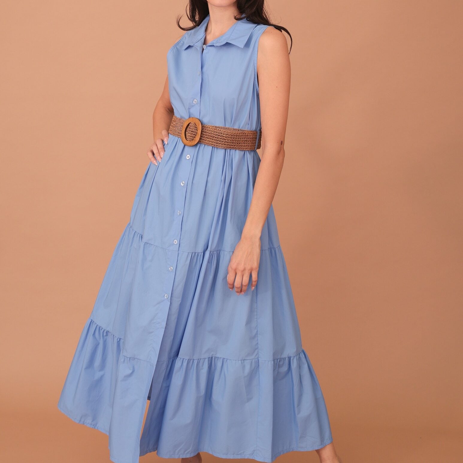 TINDRA POPLIN DRESS WITH BELT - SKY BLUE