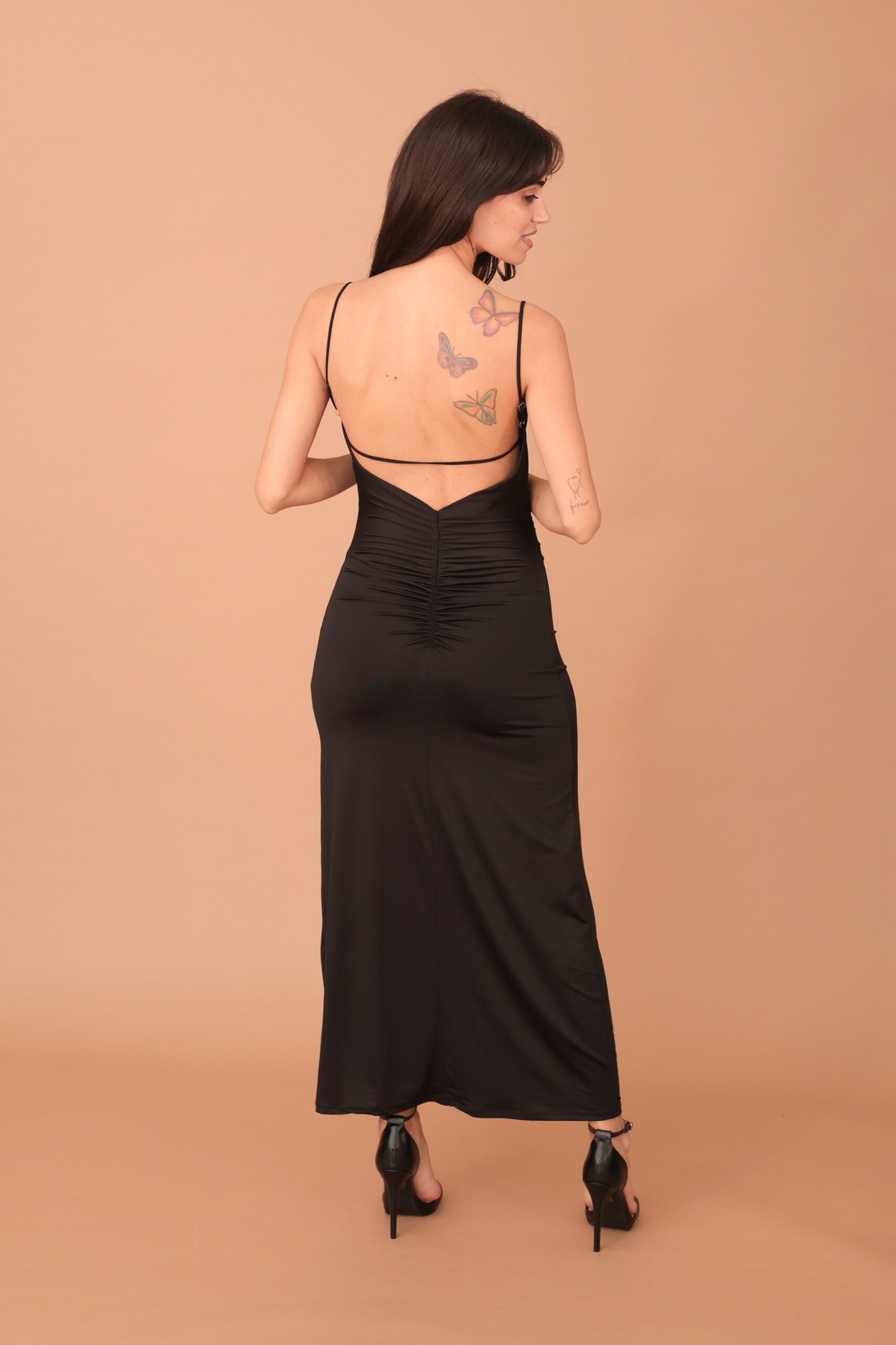 ALICIA DRAPED STRAPPED LONG DRESS - BLACK - Image 2