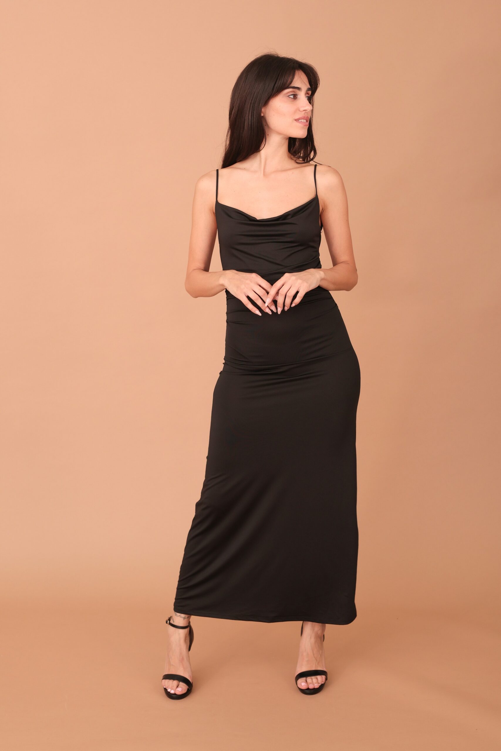 ALICIA DRAPED STRAPPED LONG DRESS - BLACK - Image 4
